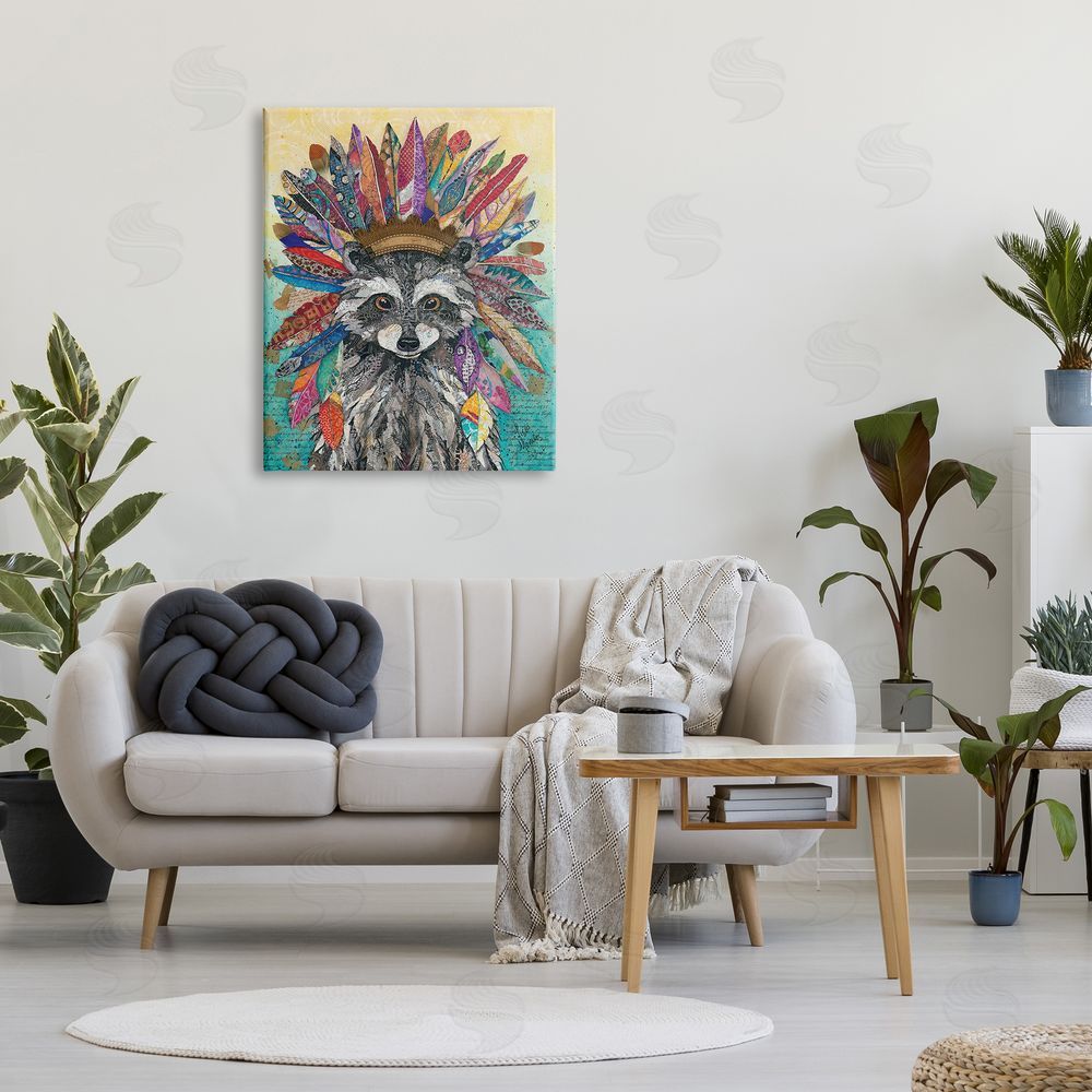 Lisa Morales Bold Tribal Raccoon Mixed Ephemera Painting Canvas Wall Art Print in Room