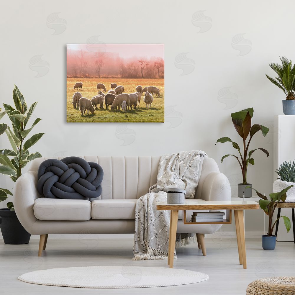 Stupell Studio Sheep Herd Grazing Warm Pink Sunset Rural Grassland Canvas Wall Art Print in Room