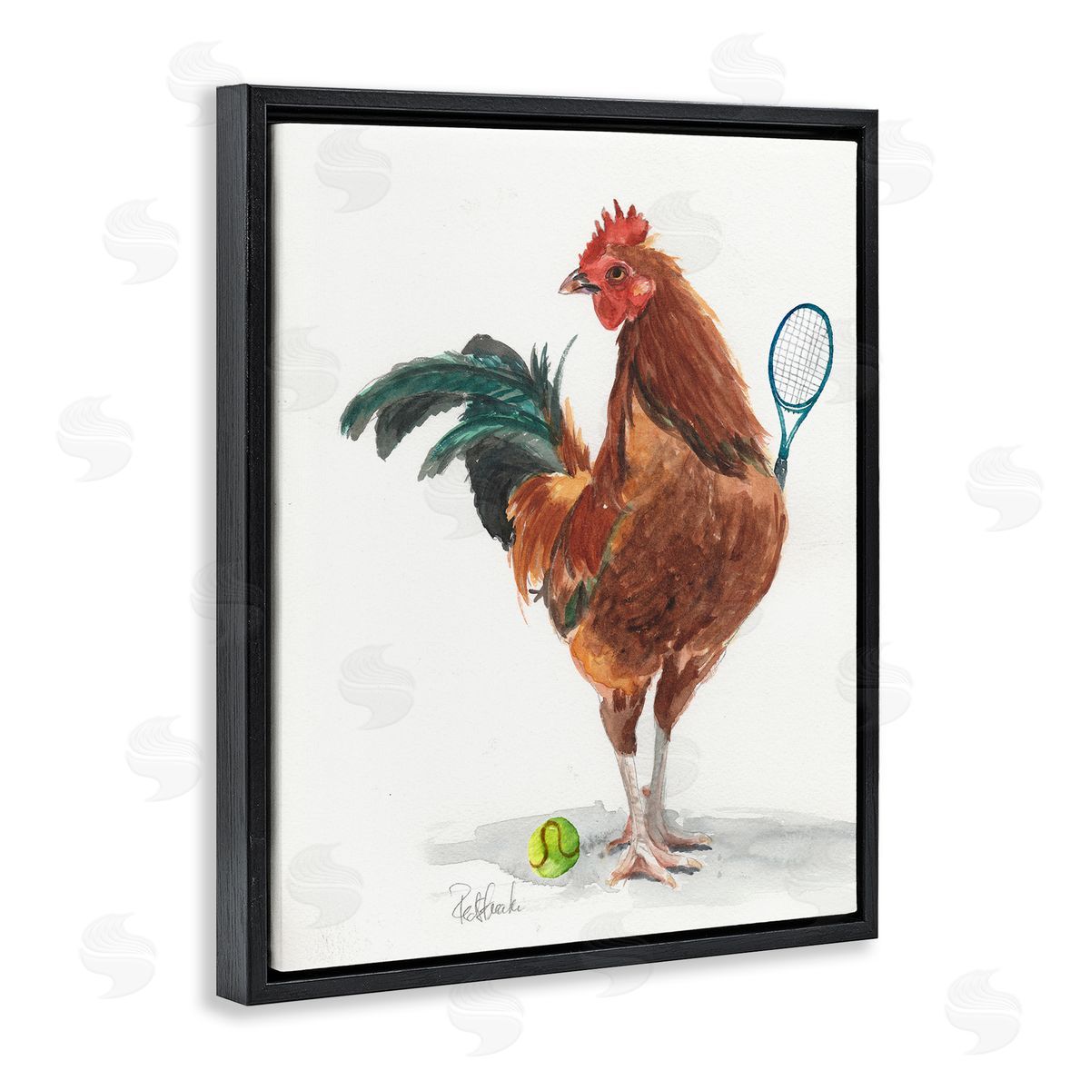 Jennifer Redstreake Chicken Hen Playing Tennis Athletic Farm Black Floating Frame Canvas Wall Art Print