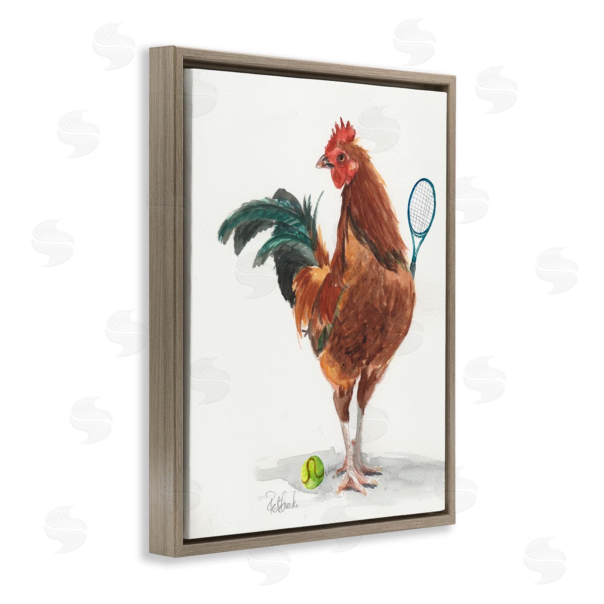 Jennifer Redstreake Chicken Hen Playing Tennis Athletic Farm Brown Floating Frame Canvas Wall Art Print