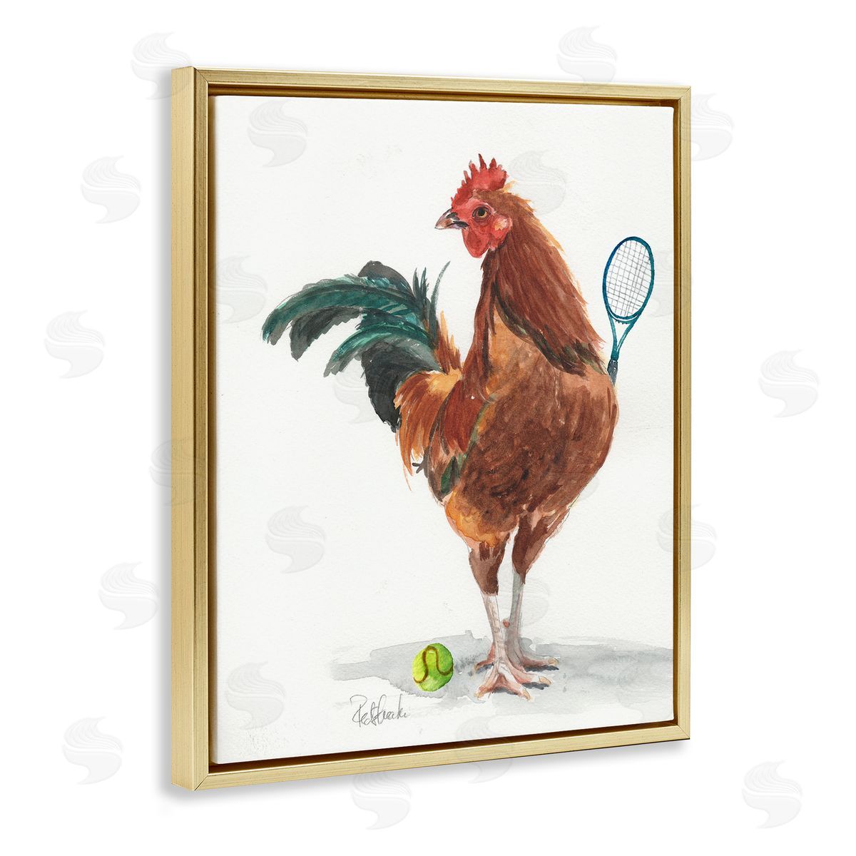 Jennifer Redstreake Chicken Hen Playing Tennis Athletic Farm Gold Floating Frame Canvas Wall Art Print
