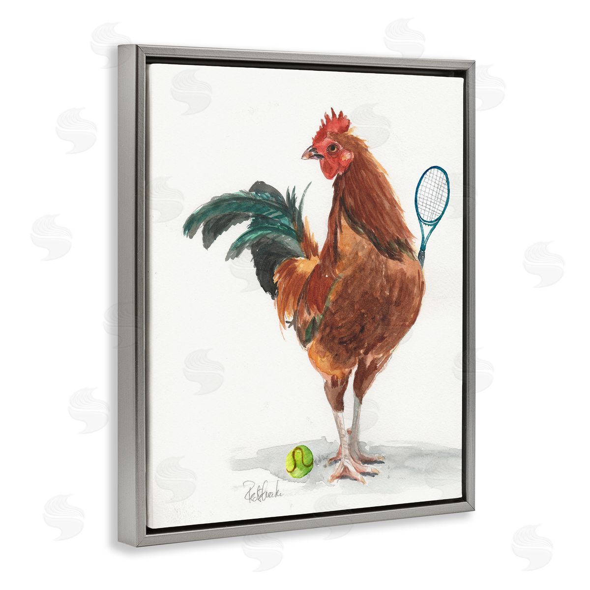 Jennifer Redstreake Chicken Hen Playing Tennis Athletic Farm Gray Floating Frame Canvas Wall Art Print