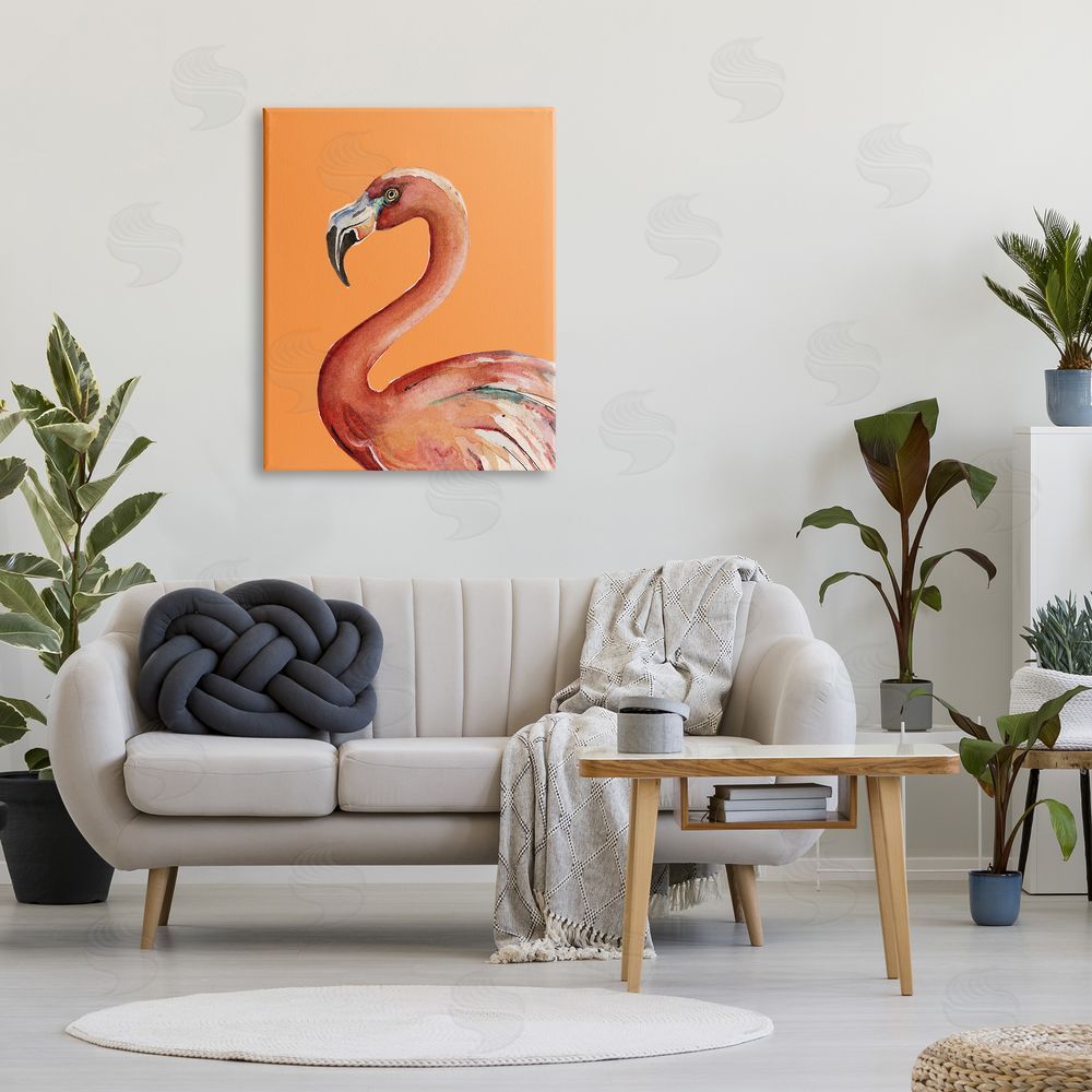 Patricia Pinto Tropical Flamingo Bird Portrait Watercolor Detail Canvas Wall Art Print in Room