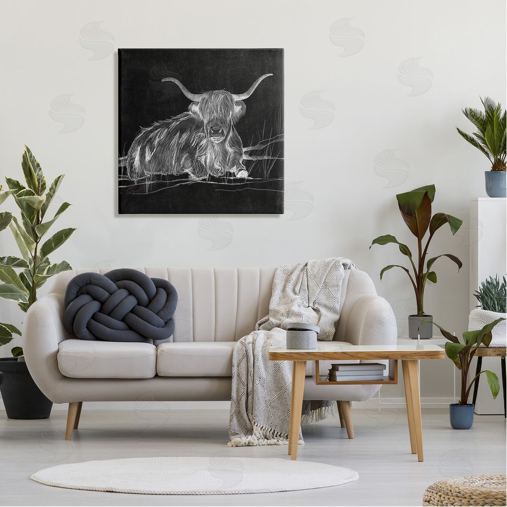 Elizabeth Medley Contemporary Highland Cattle Laying Negative Drawing Canvas Wall Art in Room