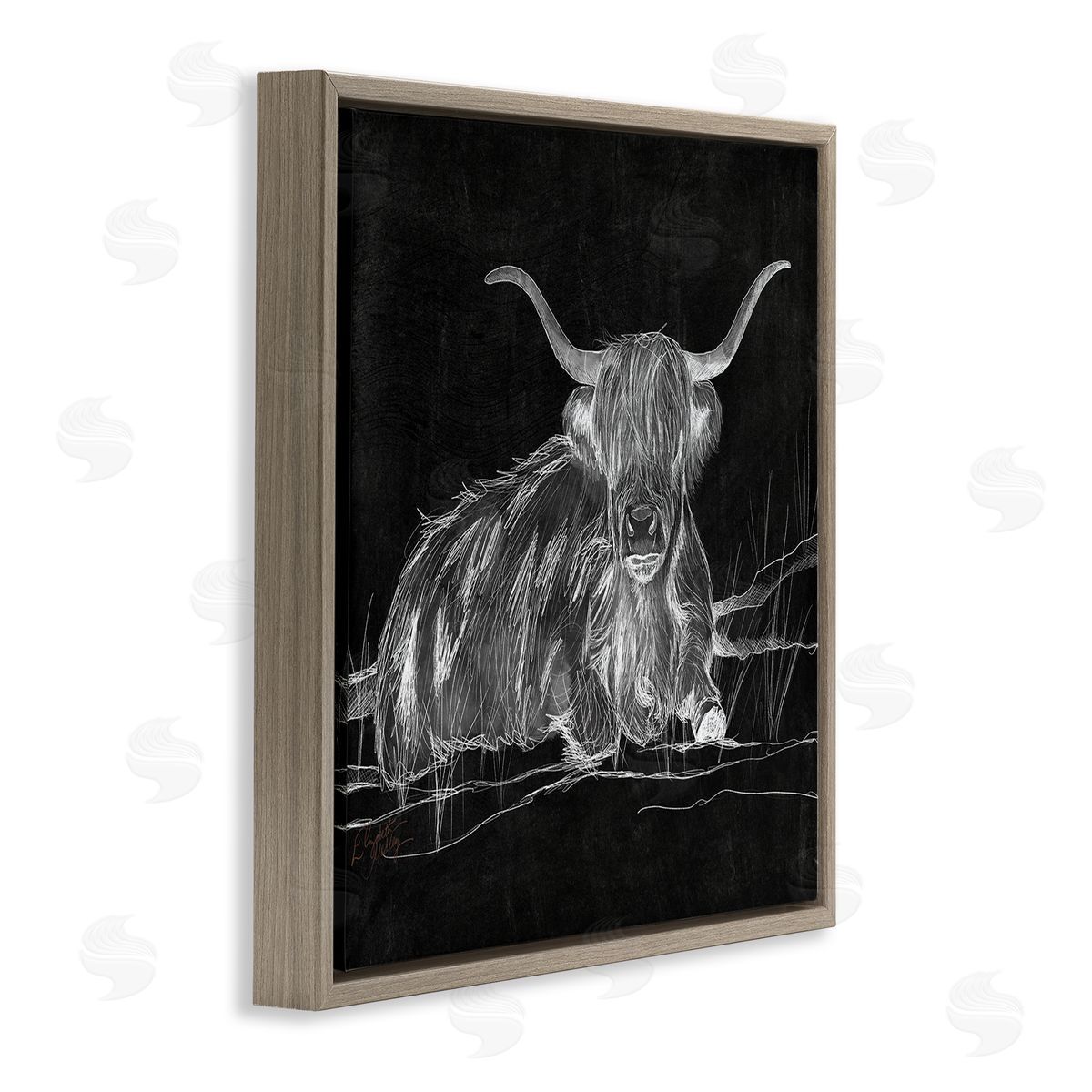 Elizabeth Medley Contemporary Highland Cattle Laying Negative Drawing Brown Floating Frame Canvas Wall Art Print