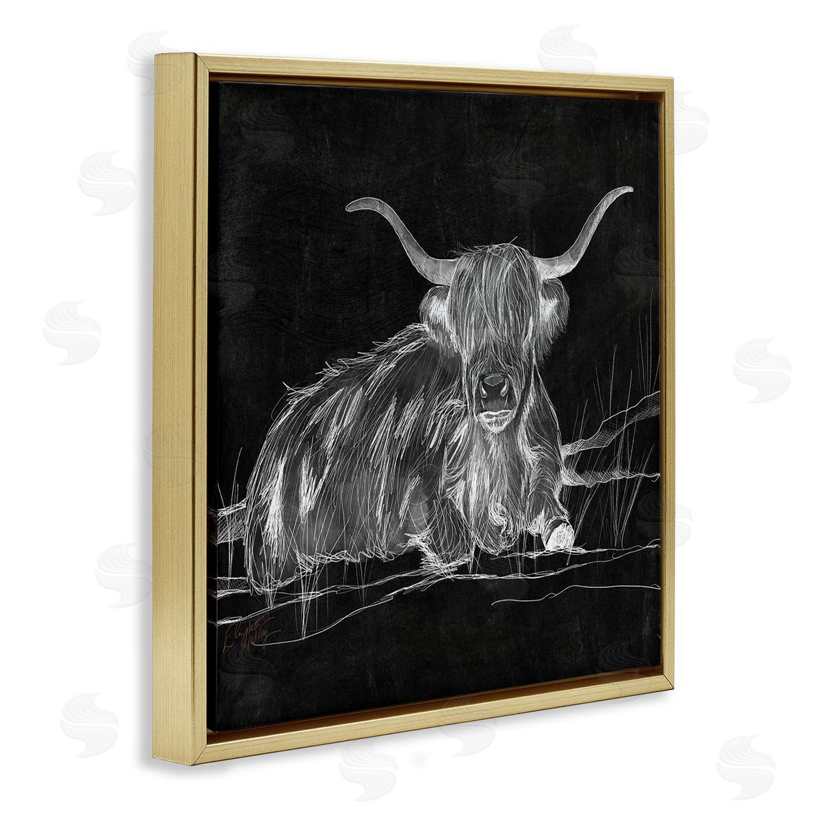 Elizabeth Medley Contemporary Highland Cattle Laying Negative Drawing Gold Floating Frame Canvas Wall Art Print