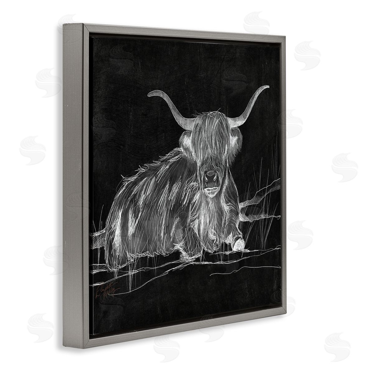 Elizabeth Medley Contemporary Highland Cattle Laying Negative Drawing Gray Floating Frame Canvas Wall Art Print