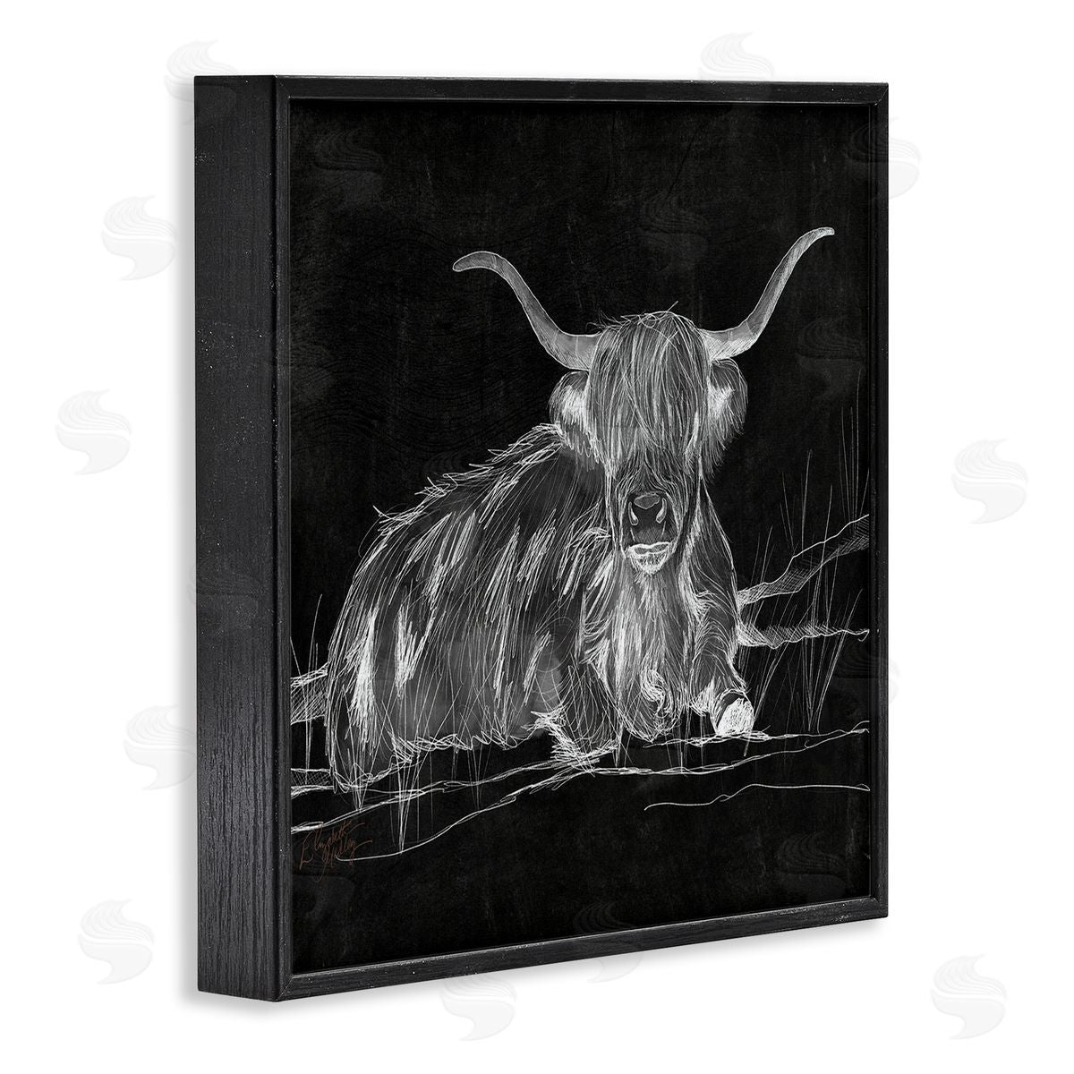 Elizabeth Medley Contemporary Highland Cattle Laying Negative Drawing Black Framed Glicee Wall Art Print