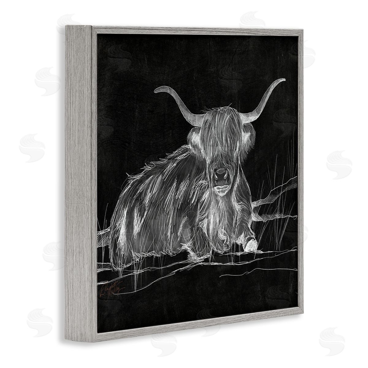 Elizabeth Medley Contemporary Highland Cattle Laying Negative Drawing Gray Framed Glicee Wall Art Print