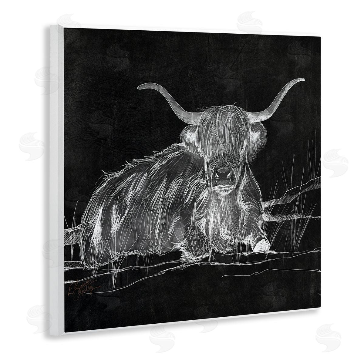 Elizabeth Medley Contemporary Highland Cattle Laying Negative Drawing Wooden Wall Plaque Art Print