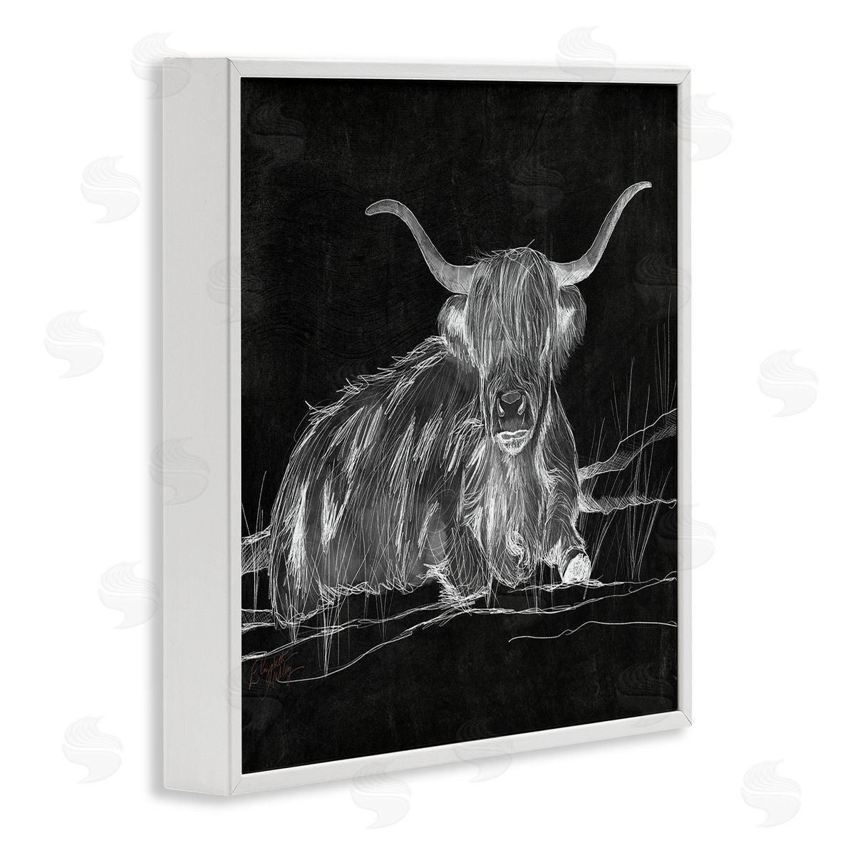 Elizabeth Medley Contemporary Highland Cattle Laying Negative Drawing White Framed Glicee Wall Art Print