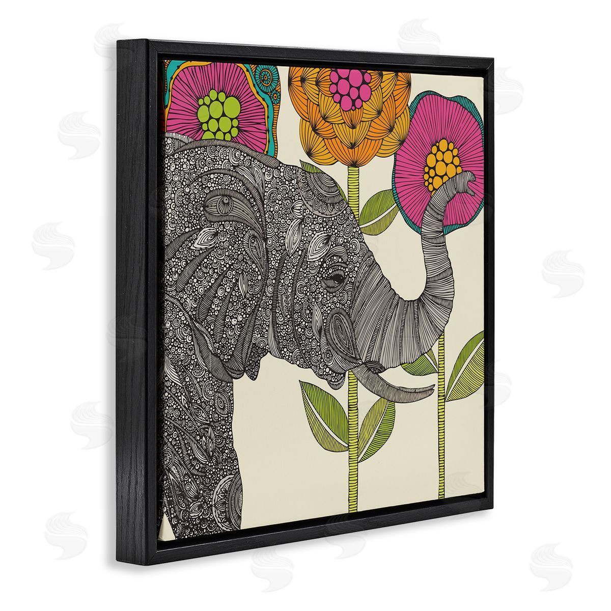 Valentina Harper Floral Elephant Wildlife Intricate Paisley Patterns Shapes Black Floating Frame Canvas Wall Art Print