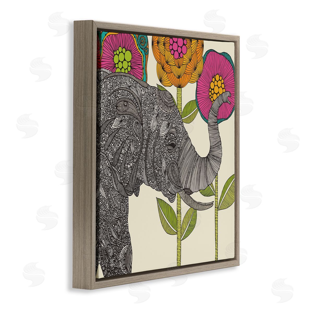 Valentina Harper Floral Elephant Wildlife Intricate Paisley Patterns Shapes Brown Floating Frame Canvas Wall Art Print