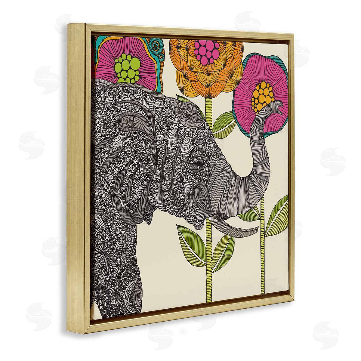 Valentina Harper Floral Elephant Wildlife Intricate Paisley Patterns Shapes Gold Floating Frame Canvas Wall Art Print