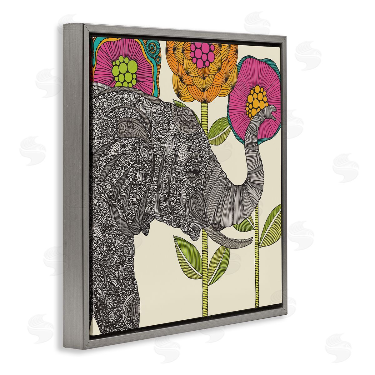 Valentina Harper Floral Elephant Wildlife Intricate Paisley Patterns Shapes Gray Floating Frame Canvas Wall Art Print