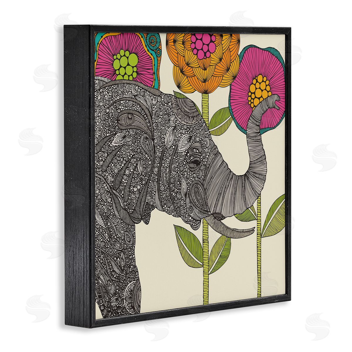 Valentina Harper Floral Elephant Wildlife Intricate Paisley Patterns Shapes Black Framed Glicee Wall Art Print