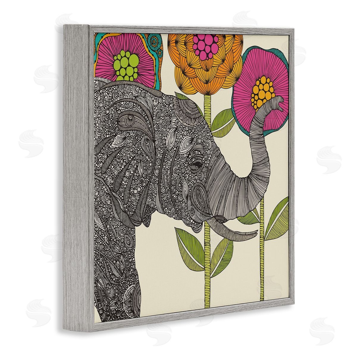 Valentina Harper Floral Elephant Wildlife Intricate Paisley Patterns Shapes Gray Framed Glicee Wall Art Print