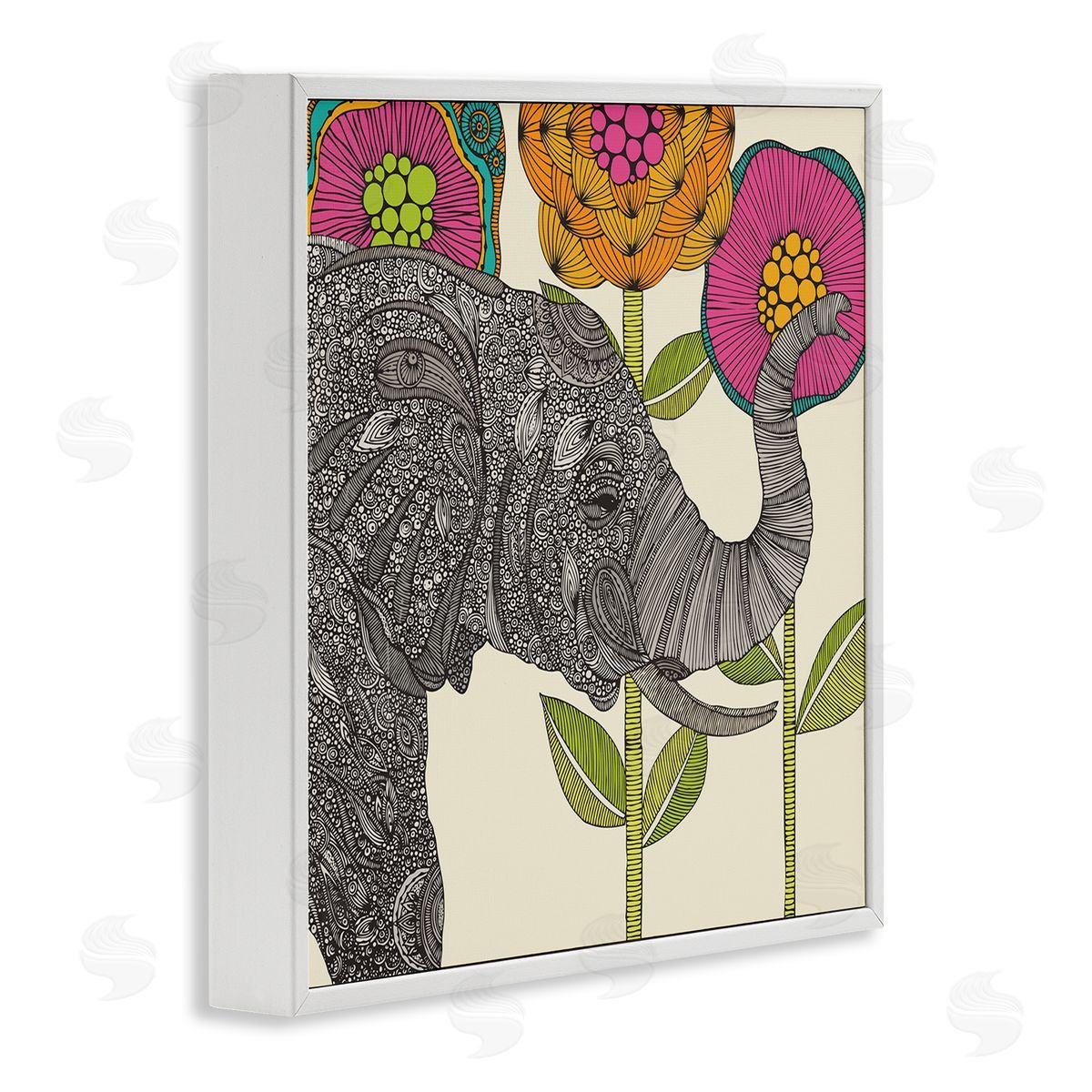 Valentina Harper Floral Elephant Wildlife Intricate Paisley Patterns Shapes White Framed Glicee Wall Art Print