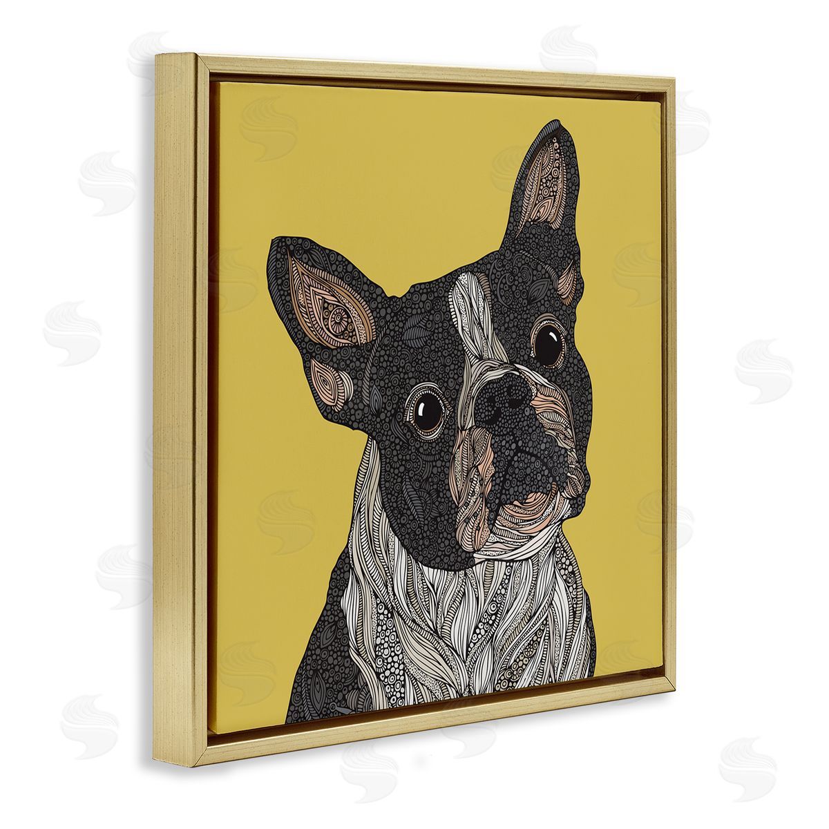 Valentina Harper French Bulldog Detailed Geometric Fractal Shapes Botanicals Gold Floating Frame Canvas Wall Art Print