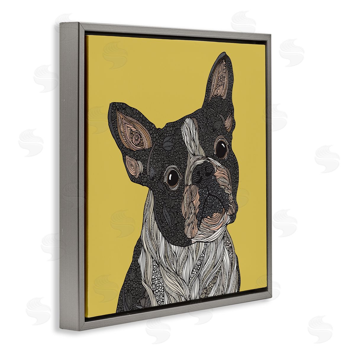Valentina Harper French Bulldog Detailed Geometric Fractal Shapes Botanicals Gray Floating Frame Canvas Wall Art Print
