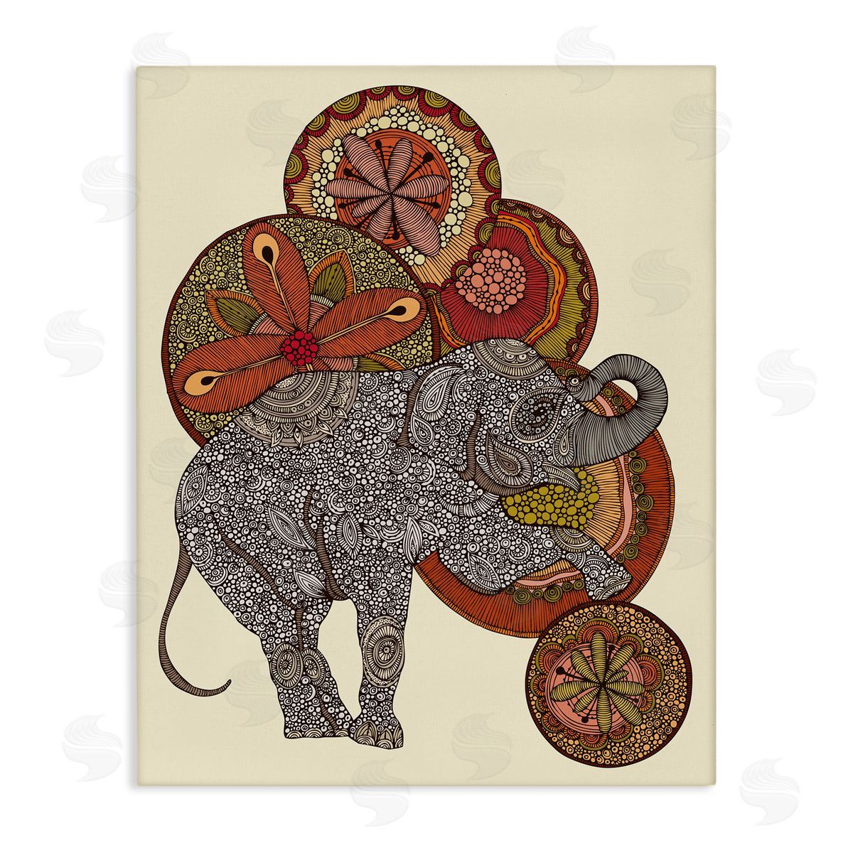 Valentina Harper Elephant & Ball Detailed Mandala Fractals Floral Shapes Stretched Canvas Wall Art Print