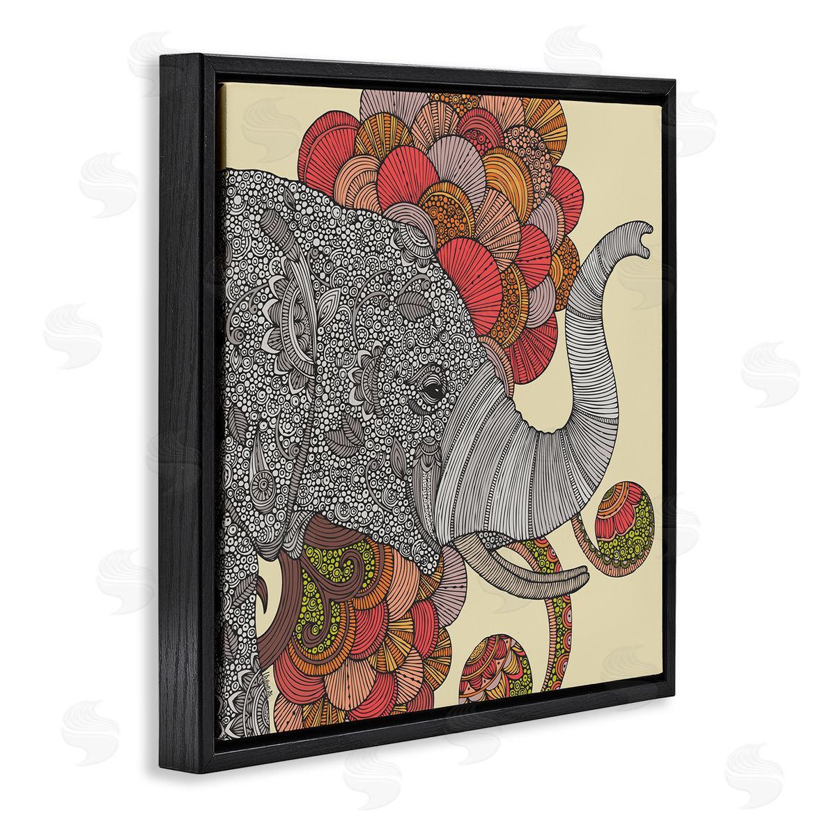 Valentina Harper Elephant Wildlife Detailed Floral Pattern Mandala Shapes Black Floating Frame Canvas Wall Art Print