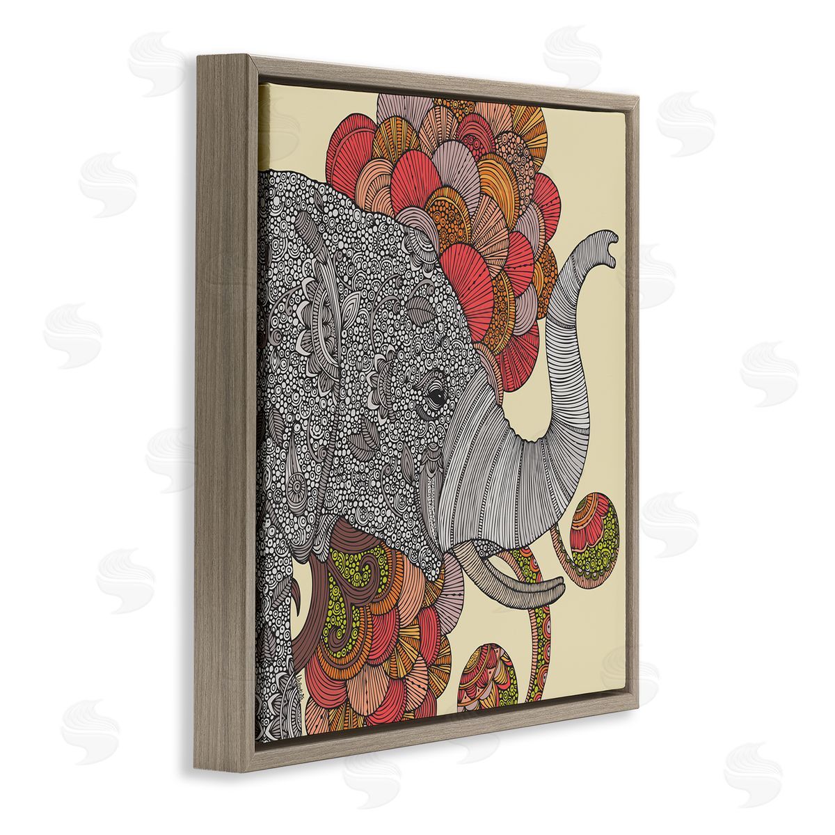 Valentina Harper Elephant Wildlife Detailed Floral Pattern Mandala Shapes Brown Floating Frame Canvas Wall Art Print