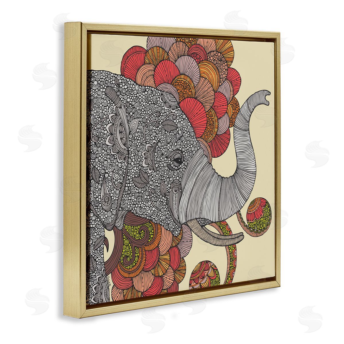 Valentina Harper Elephant Wildlife Detailed Floral Pattern Mandala Shapes Gold Floating Frame Canvas Wall Art Print