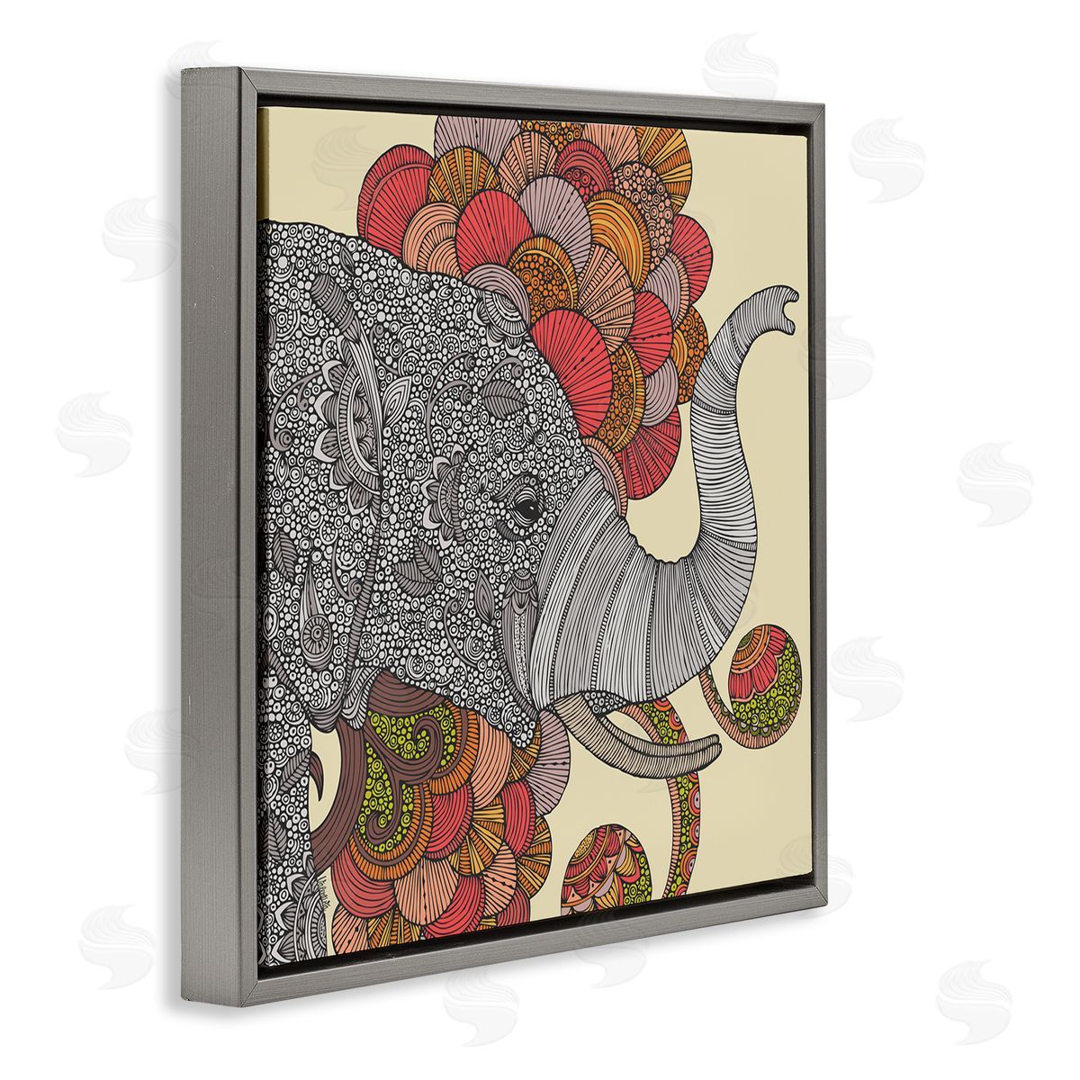 Valentina Harper Elephant Wildlife Detailed Floral Pattern Mandala Shapes Gray Floating Frame Canvas Wall Art Print