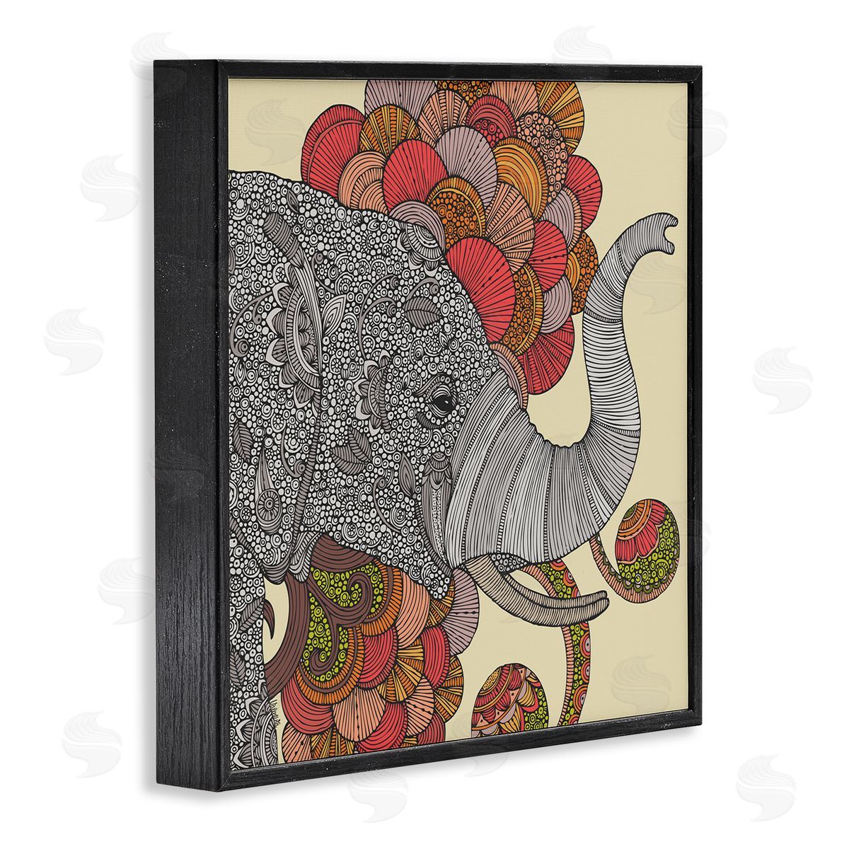 Valentina Harper Elephant Wildlife Detailed Floral Pattern Mandala Shapes Black Framed Glicee Wall Art Print