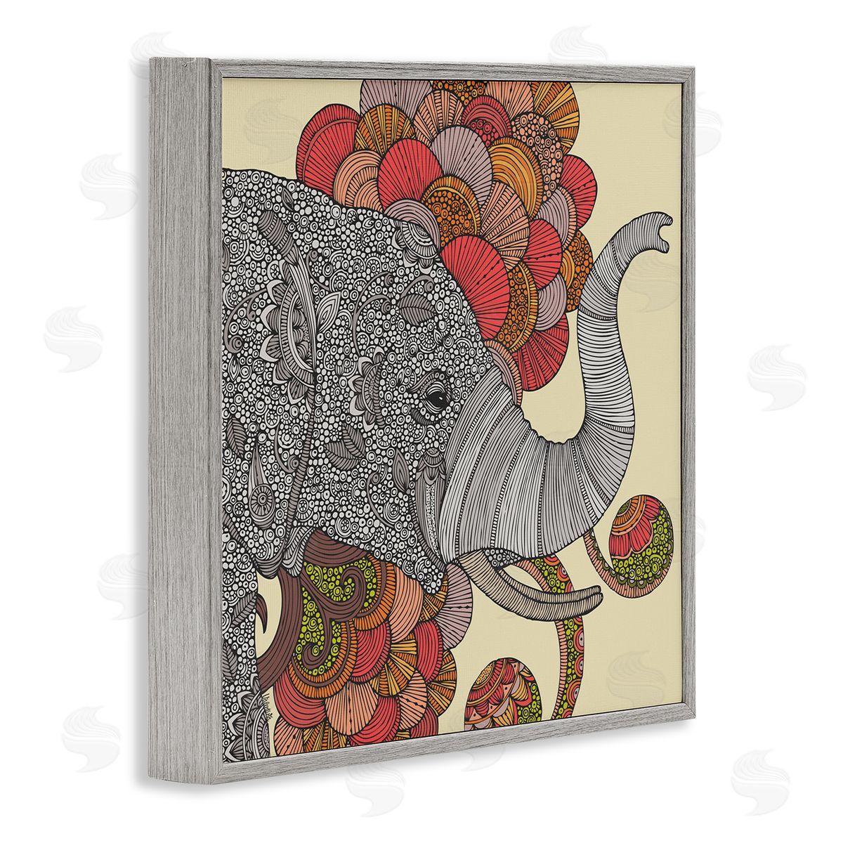 Valentina Harper Elephant Wildlife Detailed Floral Pattern Mandala Shapes Gray Framed Glicee Wall Art Print