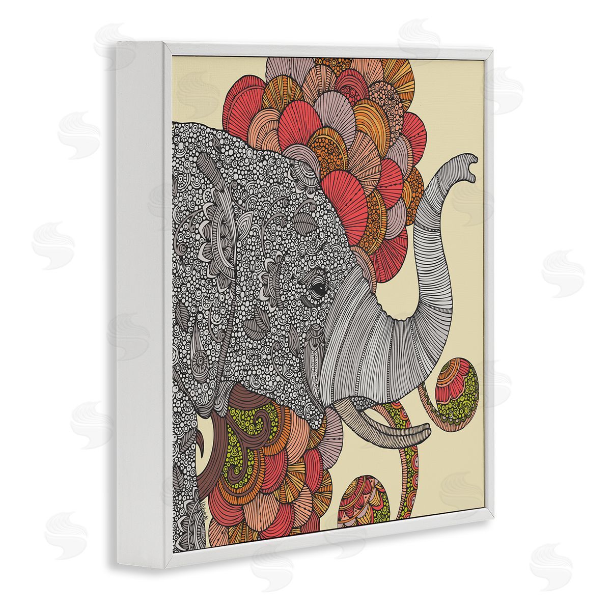 Valentina Harper Elephant Wildlife Detailed Floral Pattern Mandala Shapes White Framed Glicee Wall Art Print