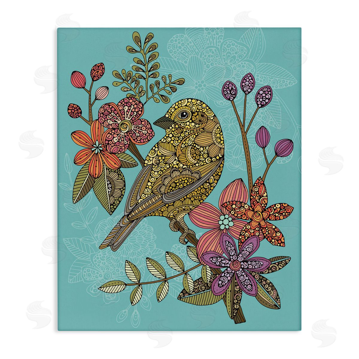 Valentina Harper Finch Perched Flower Branch Intricate Patterns Stretched Canvas Wall Art Print