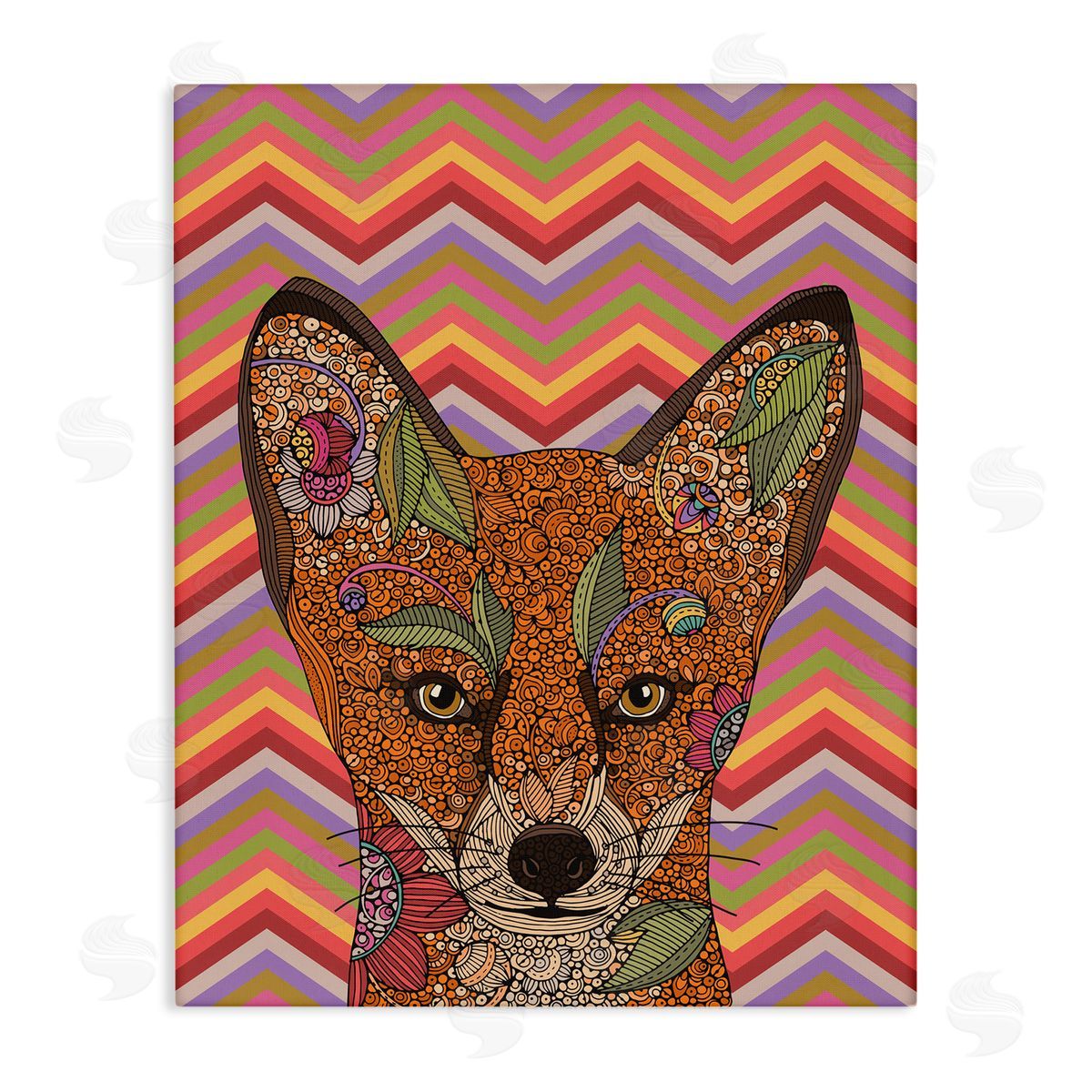 Valentina Harper Detailed Fox Retro Zig Zag Pattern Mandala Fractals Stretched Canvas Wall Art Print