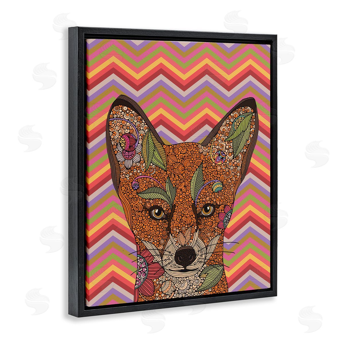 Valentina Harper Detailed Fox Retro Zig Zag Pattern Mandala Fractals Black Floating Frame Canvas Wall Art Print