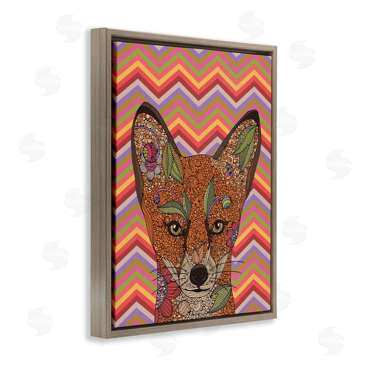 Valentina Harper Detailed Fox Retro Zig Zag Pattern Mandala Fractals Brown Floating Frame Canvas Wall Art Print