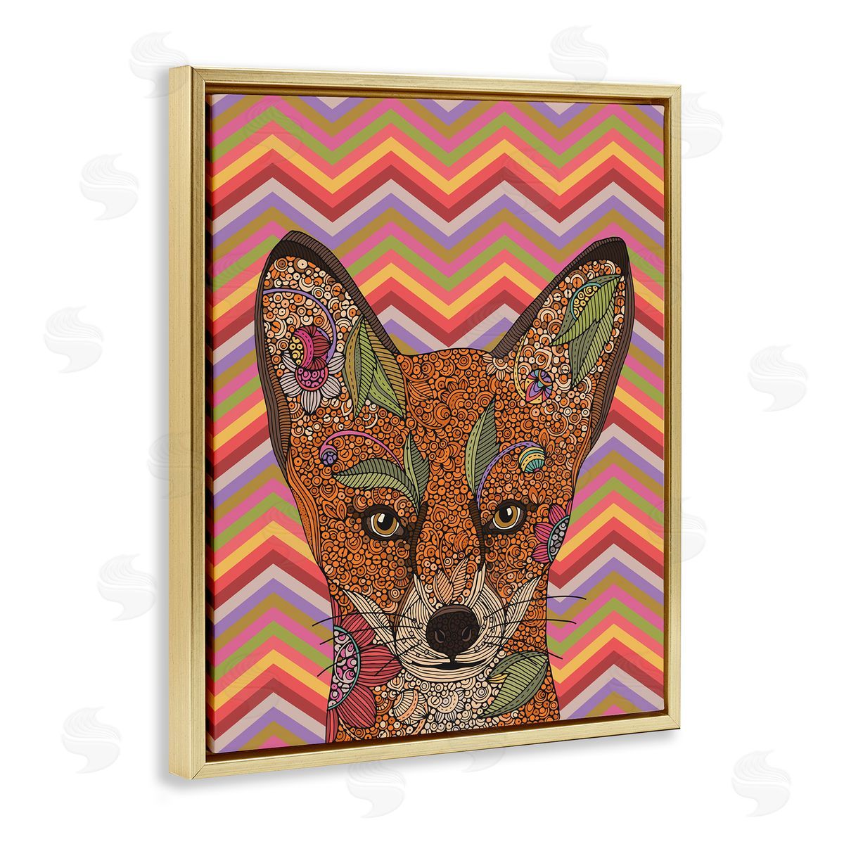 Valentina Harper Detailed Fox Retro Zig Zag Pattern Mandala Fractals Gold Floating Frame Canvas Wall Art Print