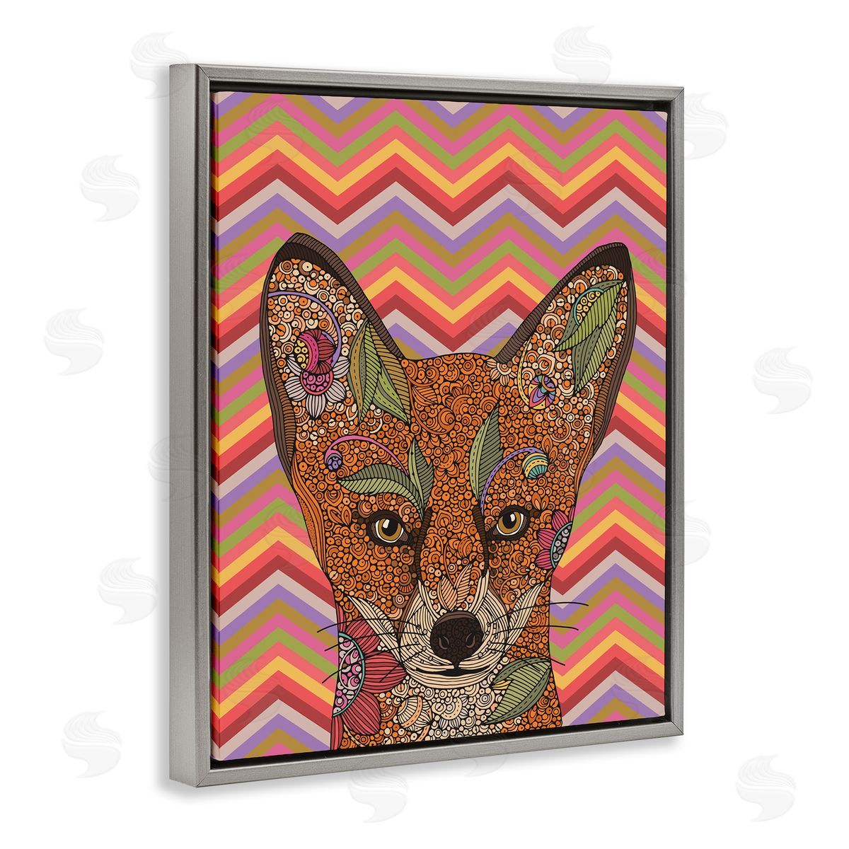 Valentina Harper Detailed Fox Retro Zig Zag Pattern Mandala Fractals Gray Floating Frame Canvas Wall Art Print