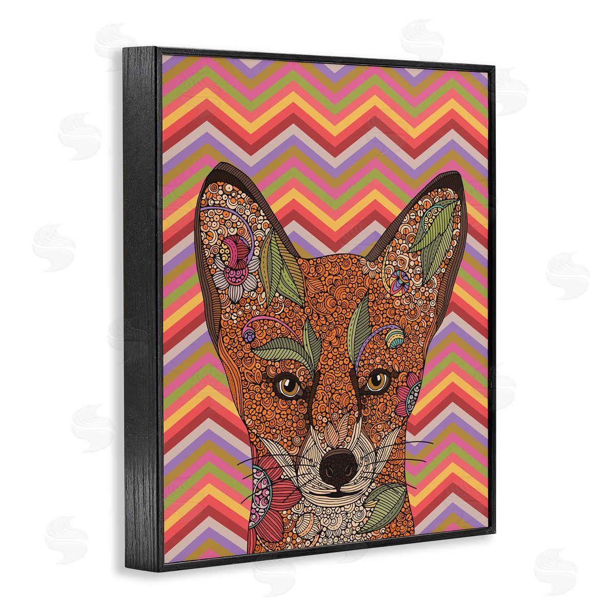 Valentina Harper Detailed Fox Retro Zig Zag Pattern Mandala Fractals Black Framed Giclee Wall Art Print