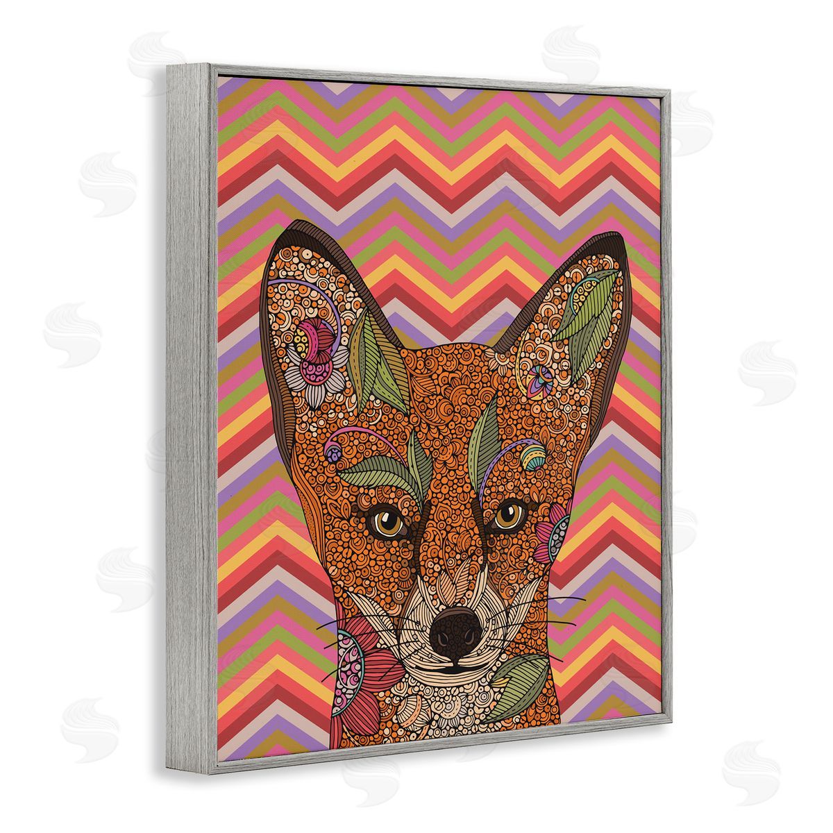 Valentina Harper Detailed Fox Retro Zig Zag Pattern Mandala Fractals Gray Framed Giclee Wall Art Print