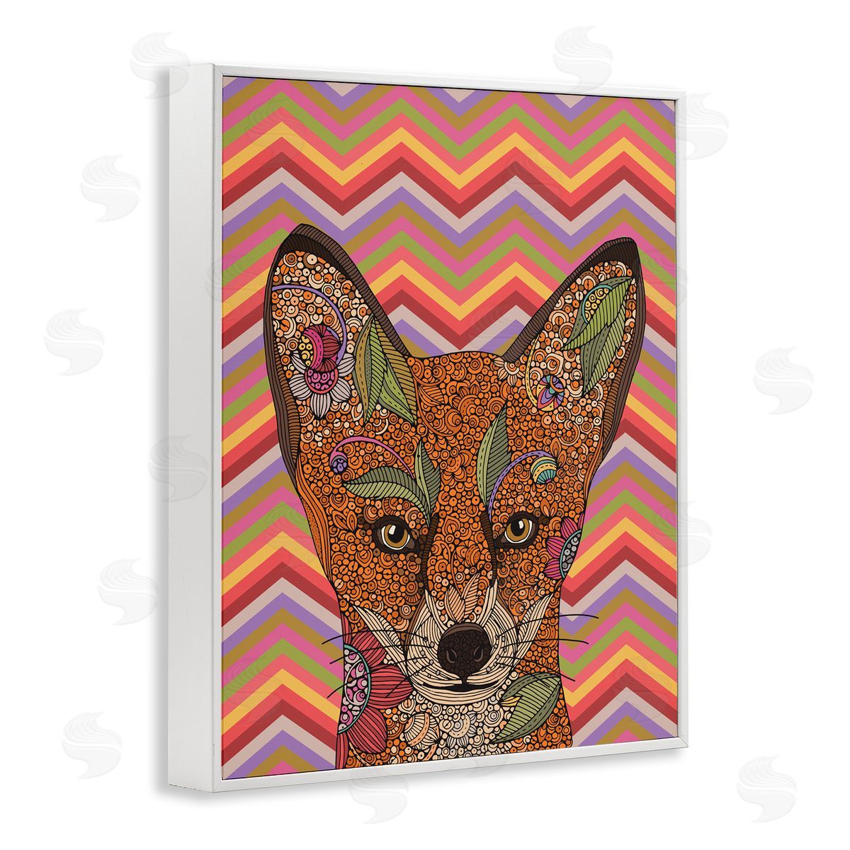 Valentina Harper Detailed Fox Retro Zig Zag Pattern Mandala Fractals White Framed Giclee Wall Art Print