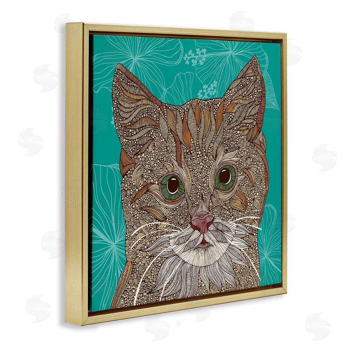 Valentina Harper Cat Portrait Hibiscus Botanicals Abstract Fractal Designs Gold Floating Frame Canvas Wall Art Print