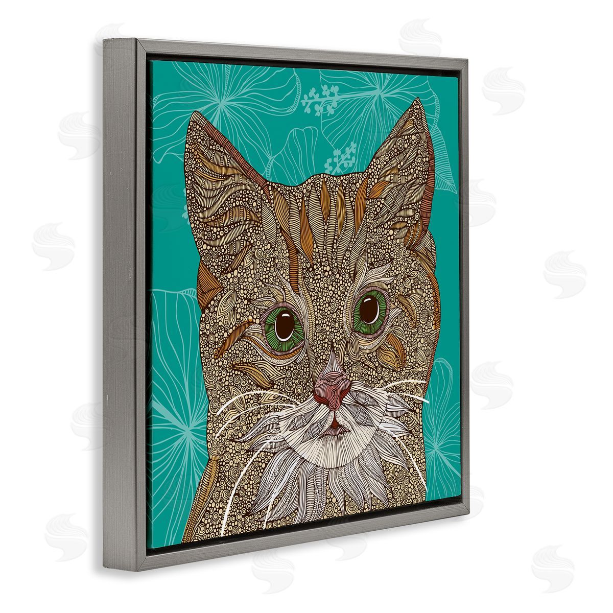 Valentina Harper Cat Portrait Hibiscus Botanicals Abstract Fractal Designs Gray Floating Frame Canvas Wall Art Print