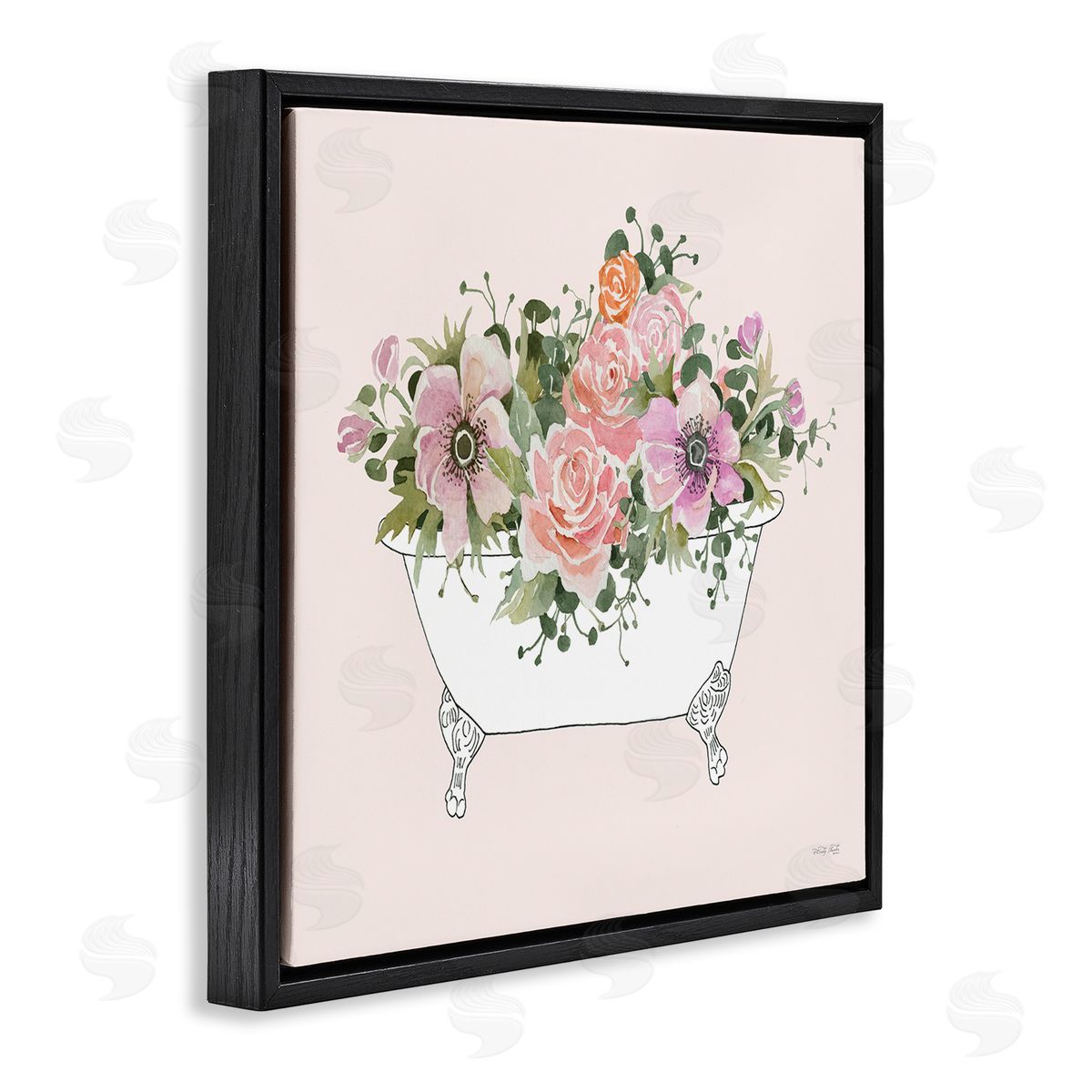 Cindy Jacobs Mixed Flower Arrangement Bathtub Planter Pink Blossoms Black Floating Frame Canvas Wall Art Print