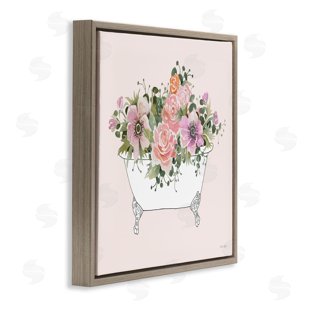 Cindy Jacobs Mixed Flower Arrangement Bathtub Planter Pink Blossoms Brown Floating Frame Canvas Wall Art Print