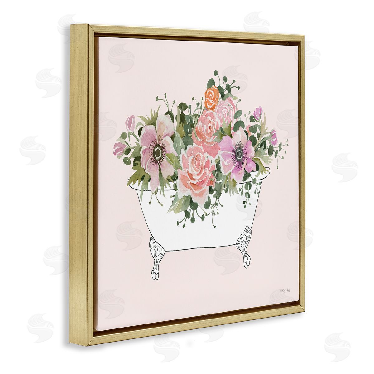 Cindy Jacobs Mixed Flower Arrangement Bathtub Planter Pink Blossoms Gold Floating Frame Canvas Wall Art Print