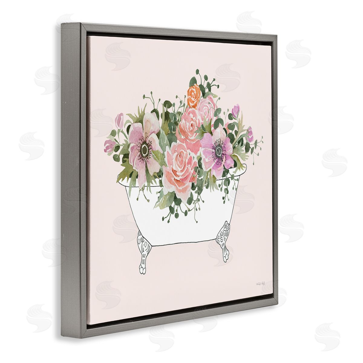 Cindy Jacobs Mixed Flower Arrangement Bathtub Planter Pink Blossoms Gray Floating Frame Canvas Wall Art Print