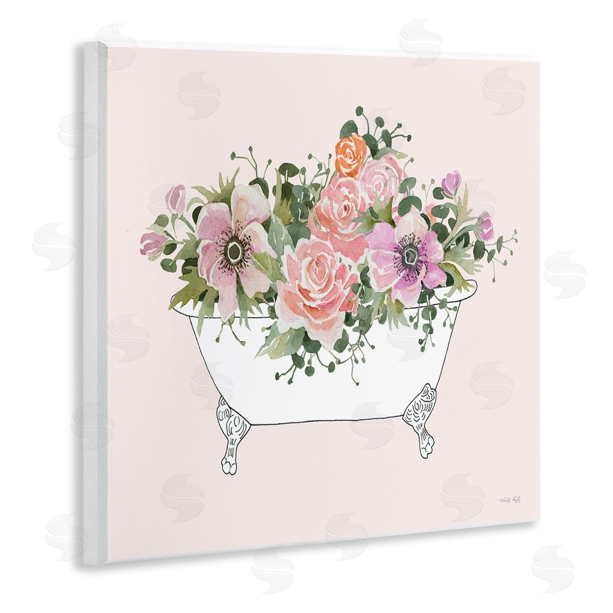Cindy Jacobs Mixed Flower Arrangement Bathtub Planter Pink Blossoms Wooden Wall Plaque Art Print