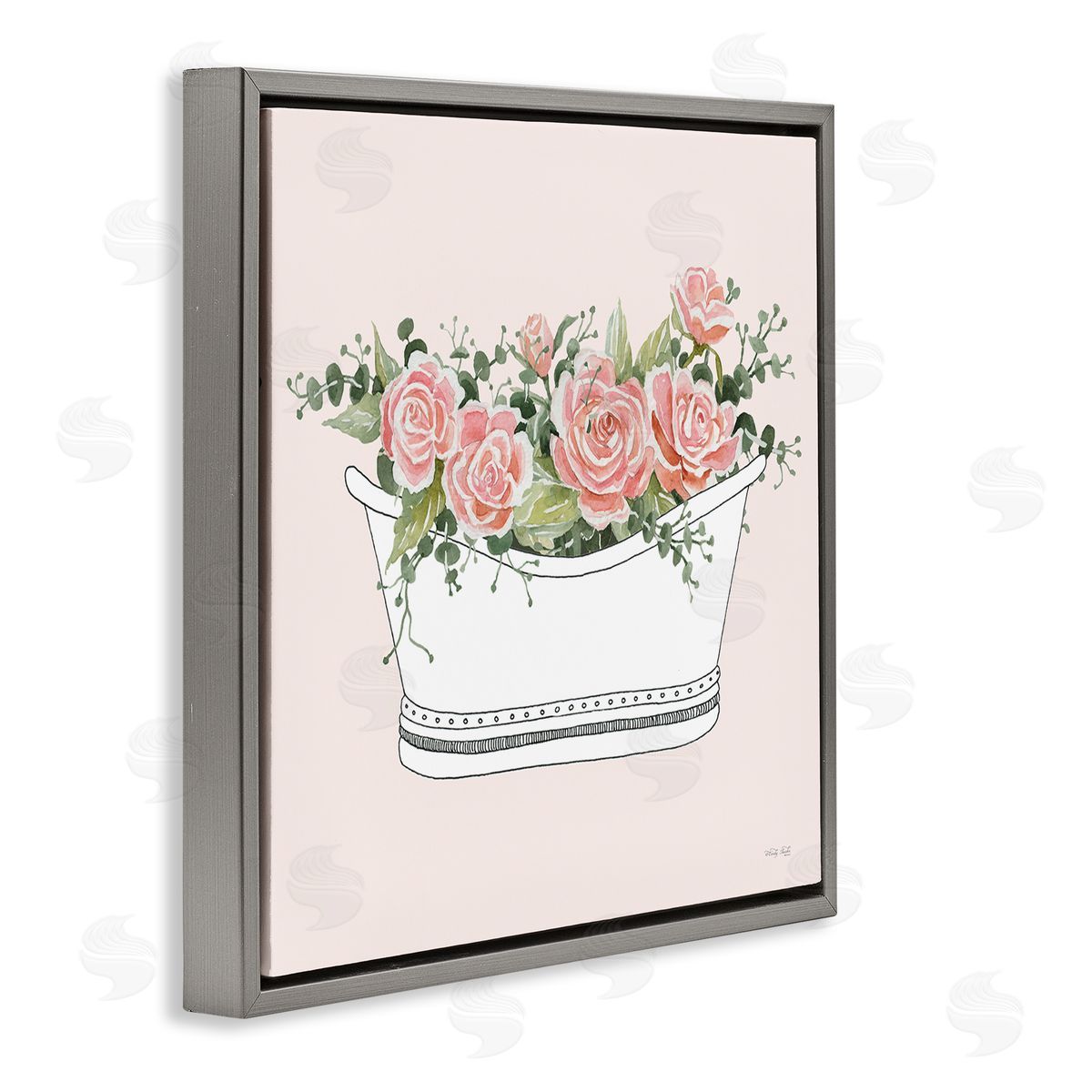 Cindy Jacobs Pink Rose Blossoms Casual Bathroom Bathtub Planter Gray Floating Frame Canvas Wall Art Print