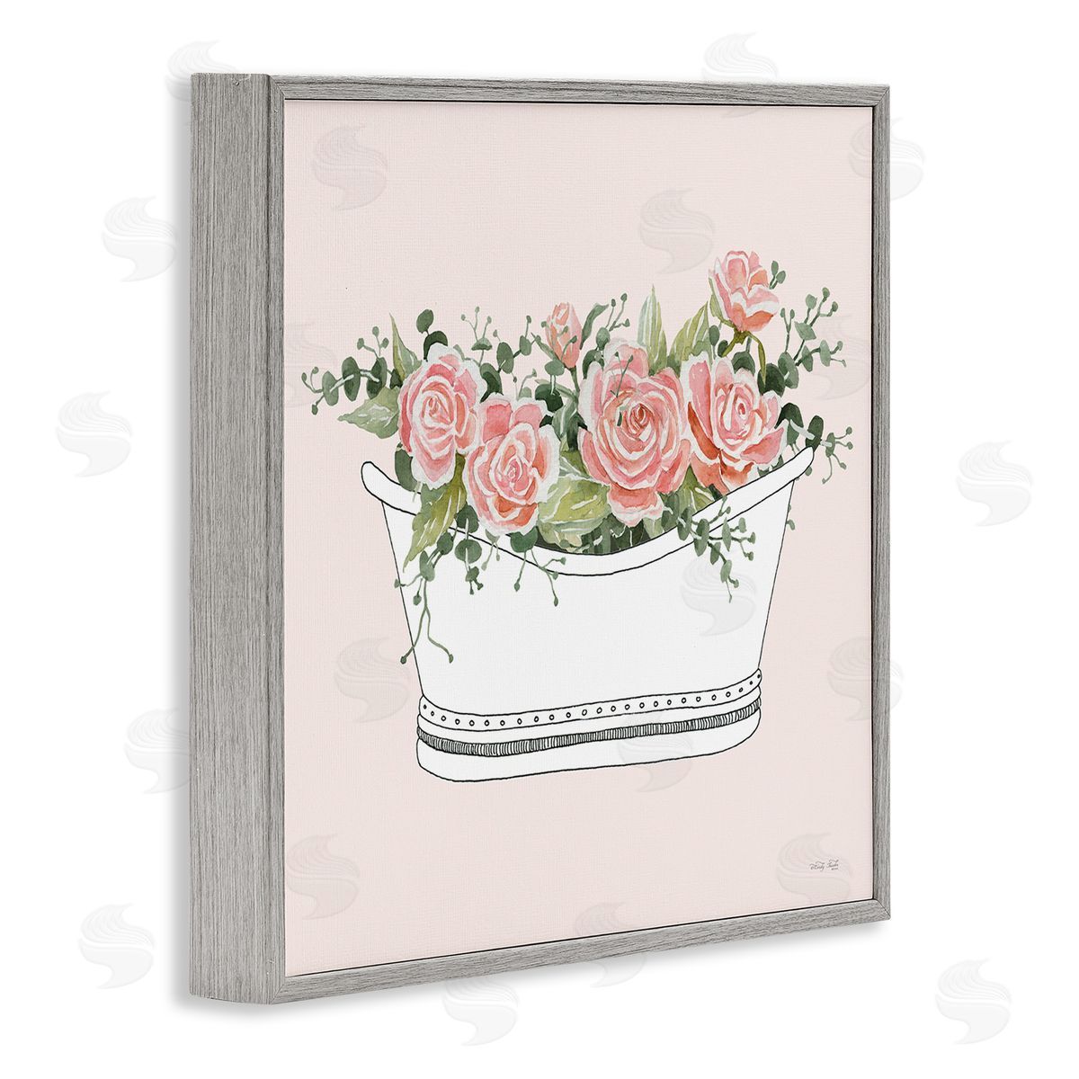 Cindy Jacobs Pink Rose Blossoms Casual Bathroom Bathtub Planter Gray Framed Glicee Wall Art Print